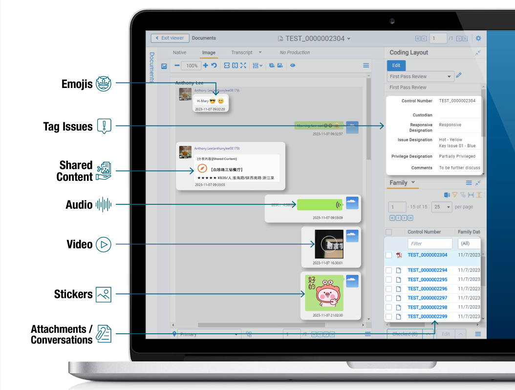 Computer screenshot showing that ChatView can decode emojis, tag issues, shared content, audio, video, stickers, and attachments.