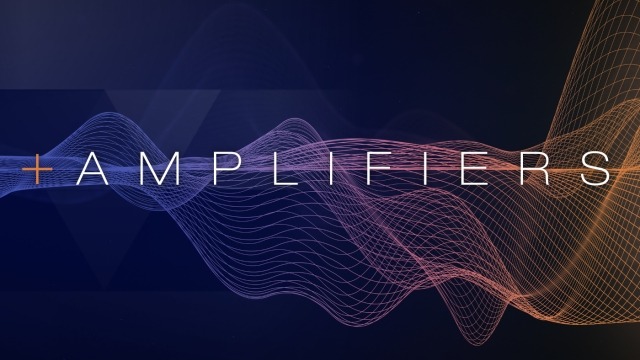 text that says "AMPLIFIERS" in white over a rainbow colors waveform on a black background