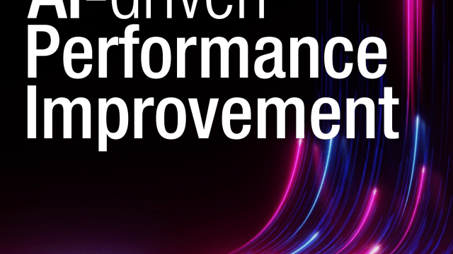 AI-driven Performance Improvement written in wite text on a mostly black background with neon colored lights in pink, blue, and red moving up the right side of the image.
